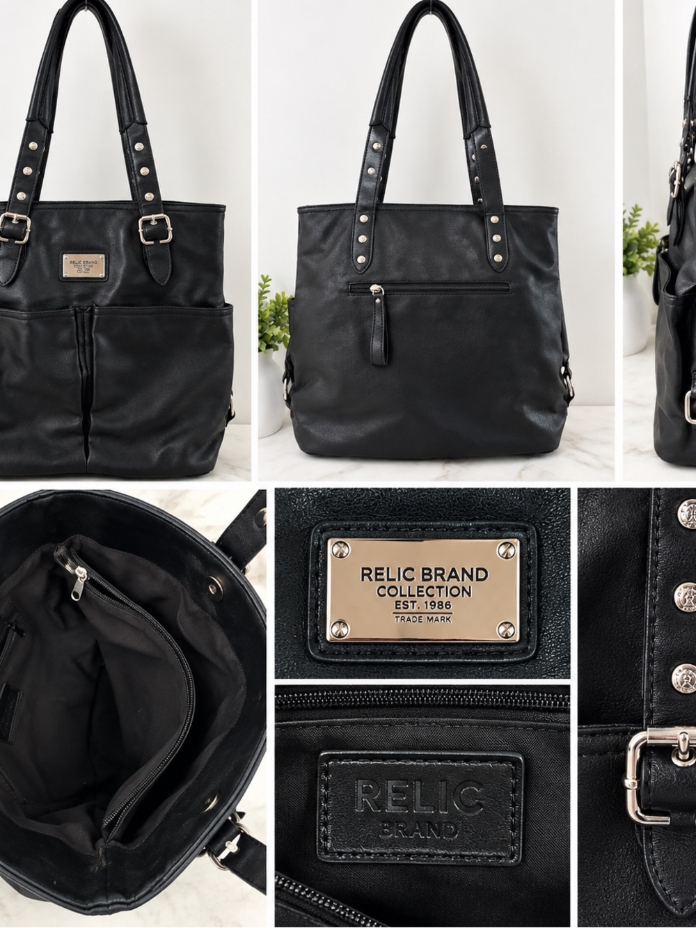 Relic Brand Black Shoulder Tote Bag with Studded Straps & Multiple Pockets